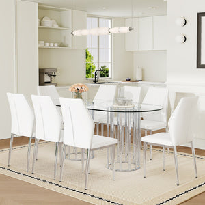 English Elm Table and Chair Set Oval Tempered Glass Top 9 Piece Modern Dining with Pu Seats Silver,Transparent,White W1151S04745