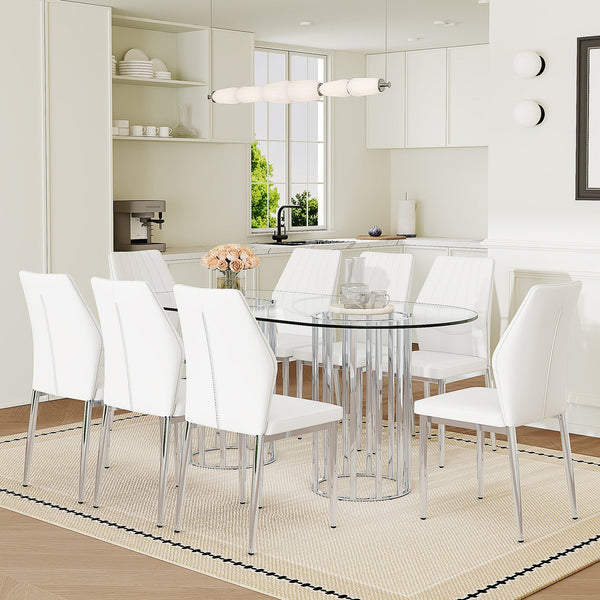 English Elm Table and Chair Set Oval Tempered Glass Top 9 Piece Modern Dining with Pu Seats Silver,Transparent,White W1151S04745