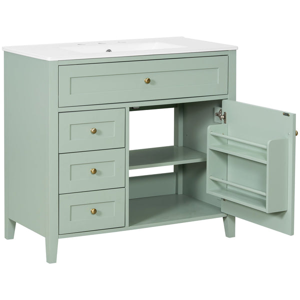English Elm 36-Inch Green Bathroom Vanity With Sink - Modern Mdf & Rubberwood Freestanding Storage Solution N725P350821F