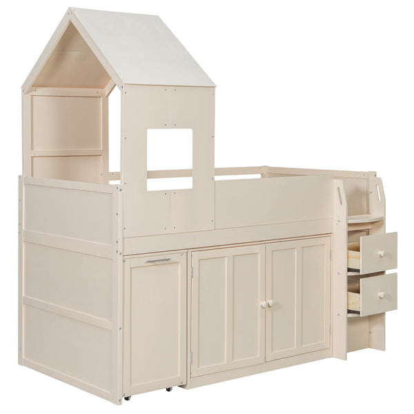 English Elm Twin House Loft Bed with Pull Out Rolling Desk Stair Drawers and Cabinet Storage Beige N820S00072A
