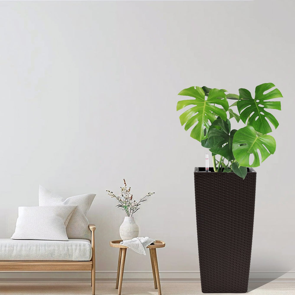 English Elm Pack of 2 Tall Square Faux Rattan Outdoor Planters with Auto Watering Patio Porch Set Brown W3213P311469