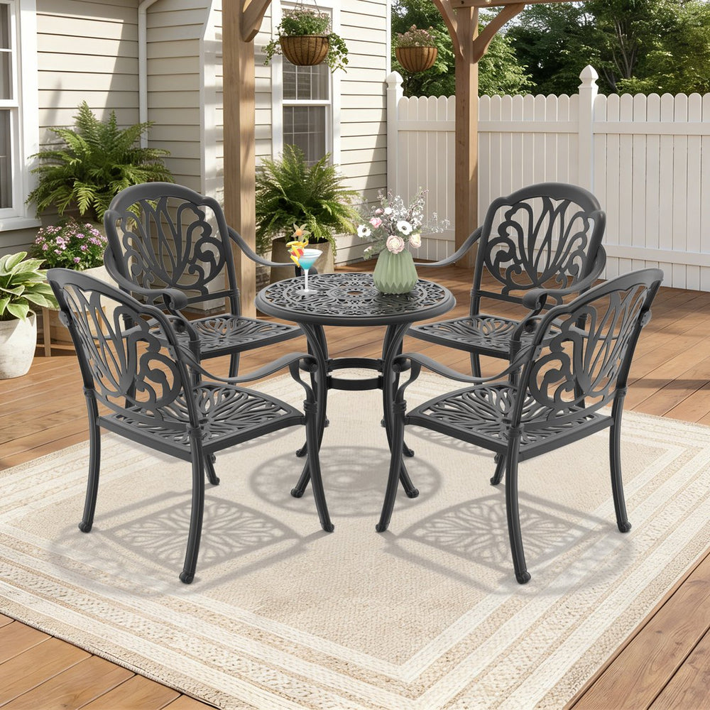 English Elm 5-piece Cast Aluminum Outdoor Dining Set Ornate Carved Frame with Cushioned Chairs W1710S00536