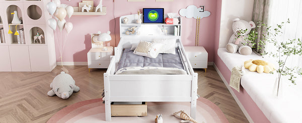 English Elm Wood Twin Size Platform Bed with Built-in LED Light, Multifunctional Headboard, Guardrail & Storage Drawers White N709P243969K