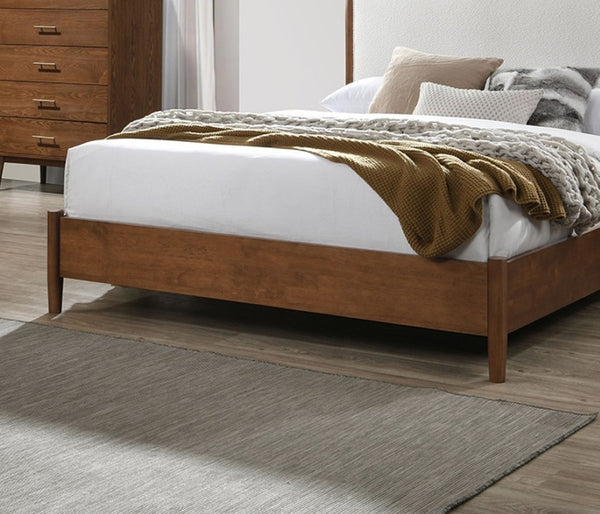 English Elm Walnut King Size Bed With Beige Upholstered Headboard - Mid-Century Modern Solid Wood Frame Design B2741S00449-GIGA