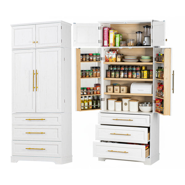 English Elm K&k Farmhouse Pantry Cabinet Tall Freestanding Kitchen Storage with Drawers Shelves White N707P356569W