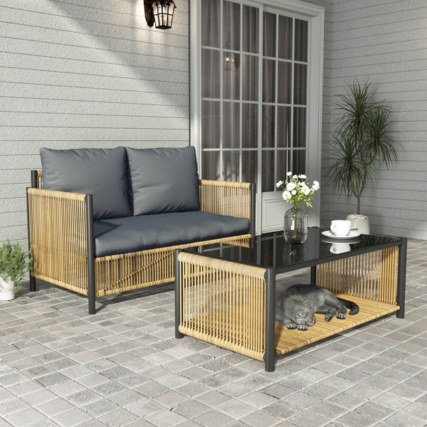 English Elm New Elegant 4-Piece Patio Sofa Set With Grey Cushions, Durable Pe Wicker, Tempered Glass Table W400S00047