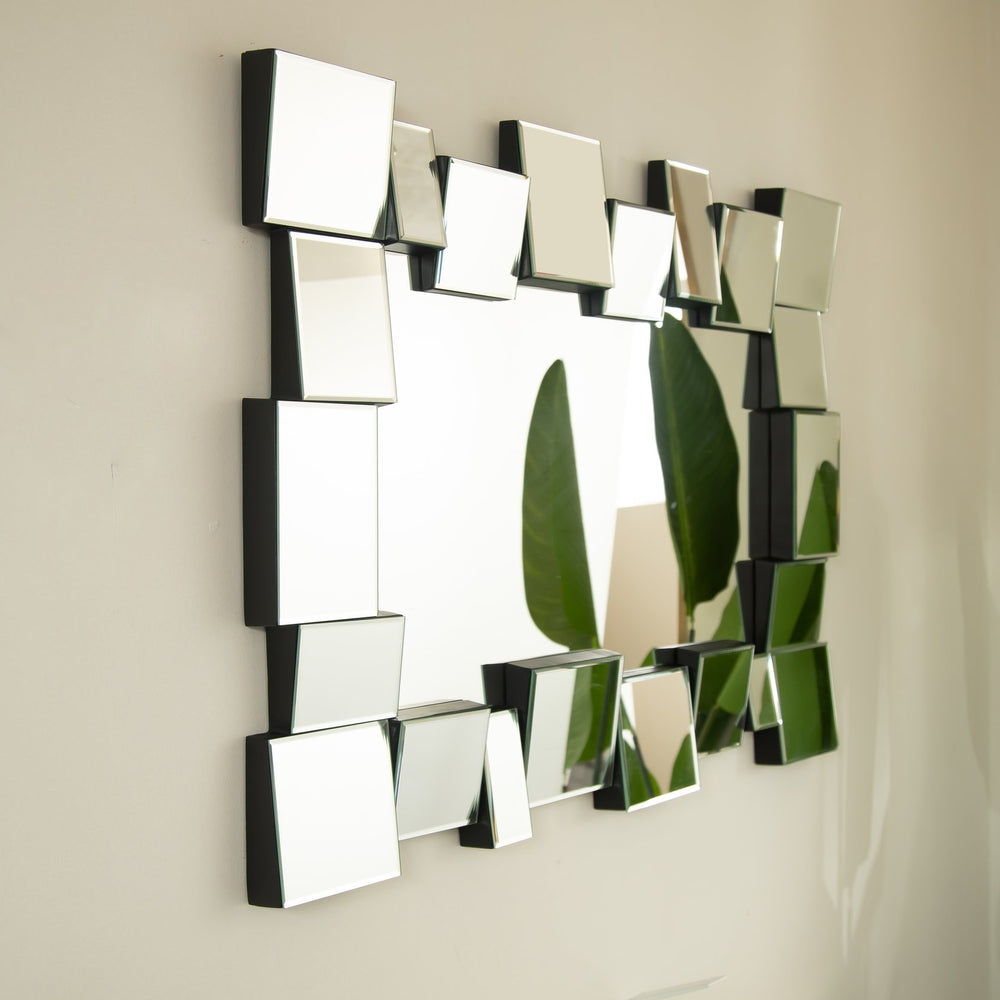 English Elm 30'' Reage Mirror - Geometric Square-Spliced PU Art Mirror Silver, Modern Wall Decor for Home Spaces W2615P346493