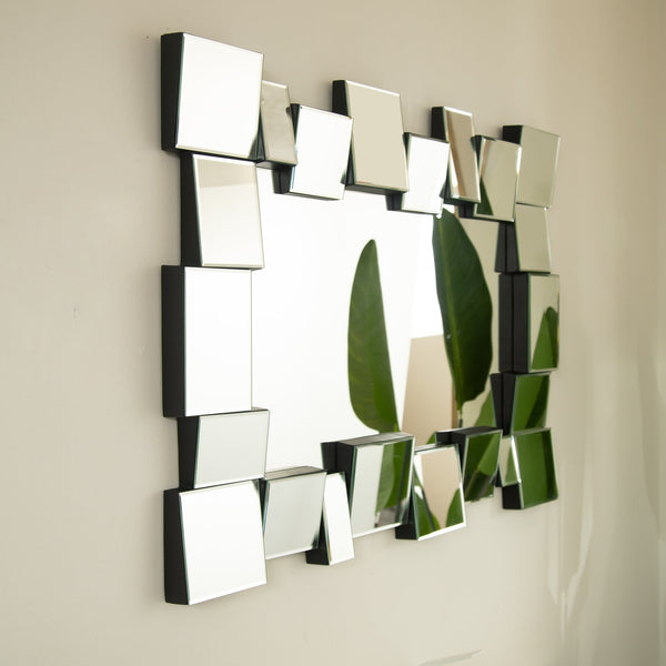 English Elm 30'' Reage Mirror - Geometric Square-Spliced PU Art Mirror Silver, Modern Wall Decor for Home Spaces W2615P346493