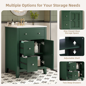 English Elm 24" Modern Bathroom Vanity with Ceramic Basin, French Country Cross-Grid Design & Soft-Close Drawers Green N710P280655F
