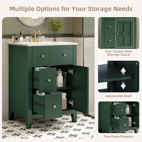English Elm 24" Modern Bathroom Vanity with Ceramic Basin, French Country Cross-Grid Design & Soft-Close Drawers Green N710P280655F