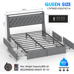 English Elm Queen Storage Platform Bed with Rgb Lighting Linen Headboard and Built-in Charging T3963P437321