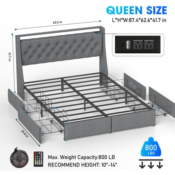 English Elm Queen Storage Platform Bed with Rgb Lighting Linen Headboard and Built-in Charging T3963P437321
