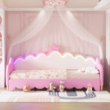 Twin Extending Daybed With Led Lights, Modern Upholstered Princess Daybed With Crown Headboard,Pink