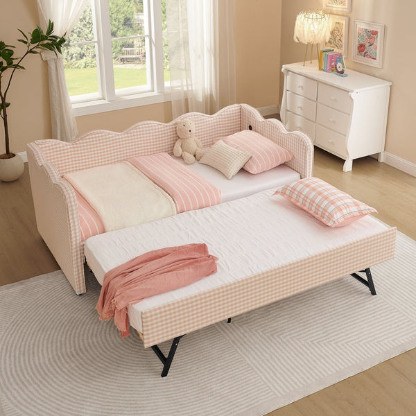 English Elm Cozy Twin Gingham Daybed with Trundle Sofa Bed, Linen Upholstery, USB Port, Wave Frame Design Pink W1413S00099