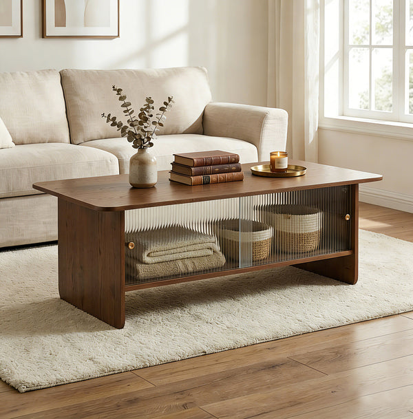 English Elm 47"rectangular Coffee Table Fluted Glass Sliding Doors Retro Wood Grain Living Room Storage Brown W3935P408518
