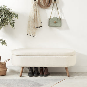 English Elm Luxury Boucle Oval Ottoman Bench with Hidden Storage Rubberwood Legs Entryway Seat Ivory W2186P430717
