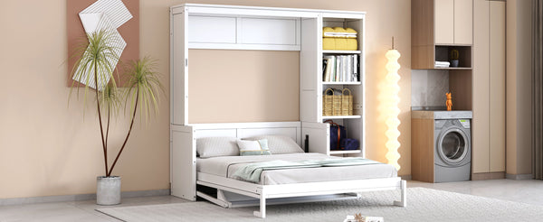 English Elm Full Murphy Bed with Storage Cabinets and Shelves, Space-Saving Wooden Wall Bed with 600lb Capacity White N7090004015K
