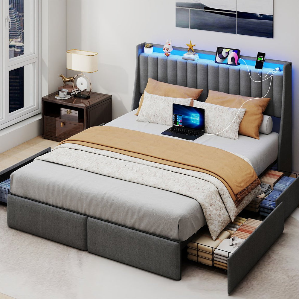 English Elm Full Size Linen Tufted Storage Bed with Rgb Lighting and Built in Charging Ports T3963P483807