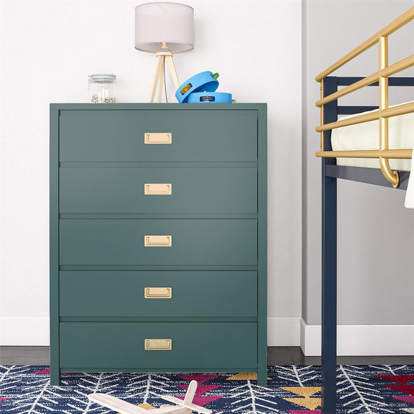 English Elm Haven 5-Drawer Kids' Dresser with Gold Pulls, Sturdy Compliant Storage, Metal Slides & Anchor Kit B2733P395083