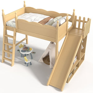 English Elm Twin Loft Bed Solid Pine Frame with Wardrobe Shelving Detachable Slide Kids Room Natural W5305S00017