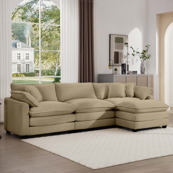 English Elm Corduroy L-Shaped 3-Seater Sofa With Ottoman - Stylish Tan Comfort For Small Living Spaces W714S00797