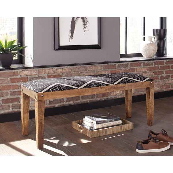 English Elm Fabric Mango Wood Accent Bench with Black & White Geometric Upholstery, Nailhead Trim, Rustic Style B016P381254