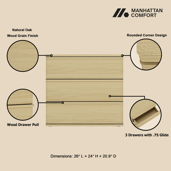 English Elm Molly 26" Nightstand Natural Oak with 3 Drawers, Rounded Corners, Pedestal Base, Modern Storage B365P398193