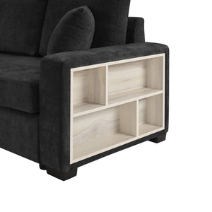 English Elm Modern Chenille Three Seat Sofa with Console Storage Armrest for Living Room Black N763S000060B