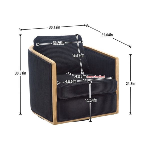 English Elm Corduroy Swivel Barrel Chair with Sturdy Wood Frame & Metal 360° Base, Plush Corduroy Comfort Pop Black W395P220274