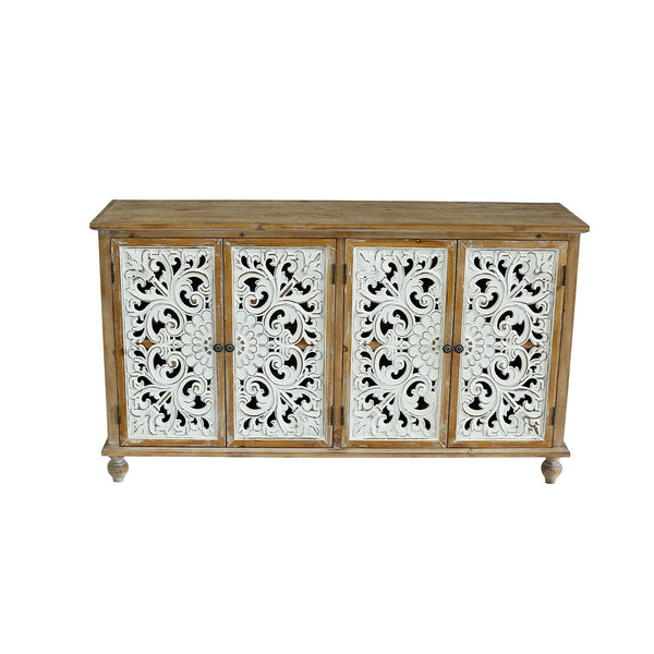 English Elm Accent Distressed Cabinet with 4 Doors - Farmhouse Sideboard Buffet, Carved Floral Fronts, Slim Storage for Entryway W2295P246504