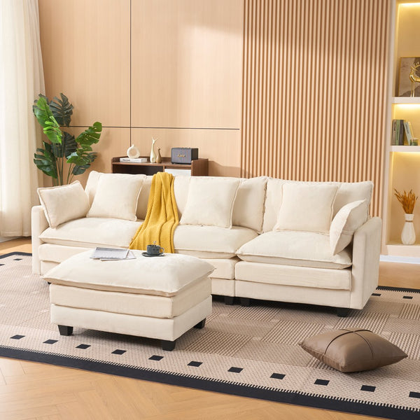 English Elm Beige Chenille Sectional Sofa with Modular Ottoman for Living Room or Studio Beige W2603S00001