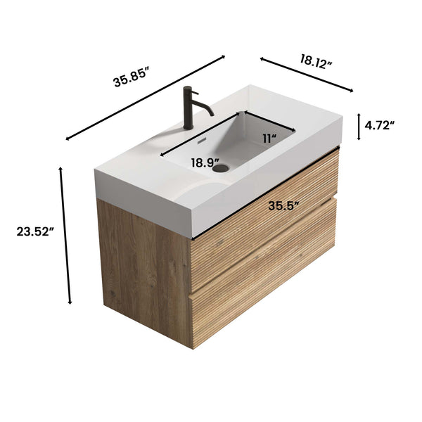 English Elm Grace 36" Wall-Mounted Rough Oak Bathroom Vanity With White Quartz Sink & Soft-Close Drawers W1865S00117
