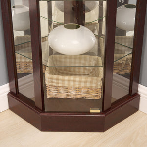 English Elm Glass Corner Curio Cabinet Lighted Dark Wood Display with Carved Crown Floral Detail Cherry W2275P292645