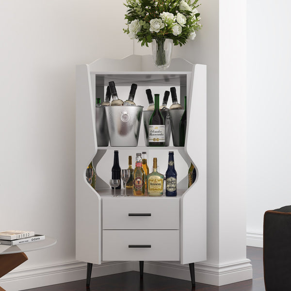 English Elm Wooden Corner Bar Cabinet with Mirrored Back, High Legs, 2 Shelves & 2 Drawers for Stylish Storage White W2899P374345