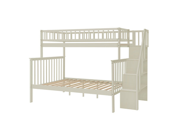English Elm Twin Over Full Stairway Bunk Bed With Trundle & Storage – Stylish Cream Design For Kids & Teens K495S00004-GIGA