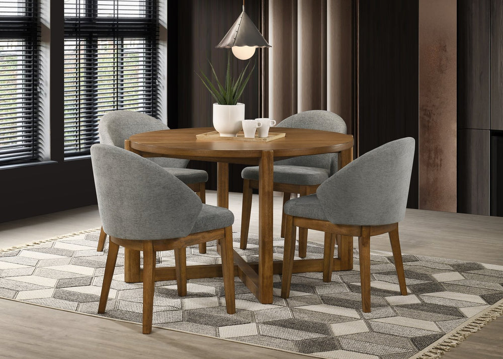 English Elm Andreo Mid-century Round Walnut Dining Set Seats Four with Upholstered Gray Chairs B2749S00362
