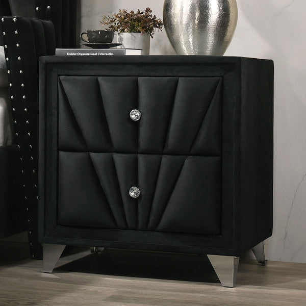 English Elm Fully Upholstered Frame nightstand with crystal-style knobs, glass top and chrome rhombus feet, luxe bedside statement piece Black 29 L x 20 W x 25 H B011P321010