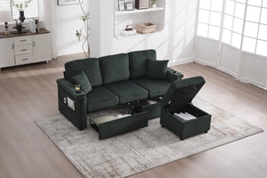 English Elm UNITED Corduroy L-Shaped Sectional Sofa with Storage Ottoman, USB Ports, Cup Holders & LED Lighting Emerald W1568P332404