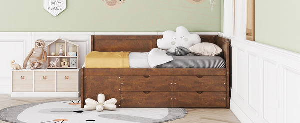 English Elm Full Size Daybed with Storage Drawers Open Shelves Low Profile Contemporary Frame Walnut LP102023AAD
