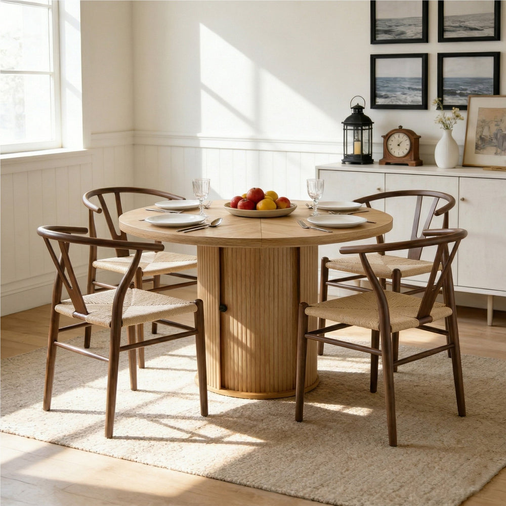 English Elm 4-piece Round Pedestal Dining Set with Woven Wishbone Chairs and Fluted Column Base Walnut,Wood W2920S00142