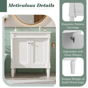 English Elm 30" French Style Bathroom Vanity with Ceramic Basin Soft Close Doors Wood Legs White N710P415327K