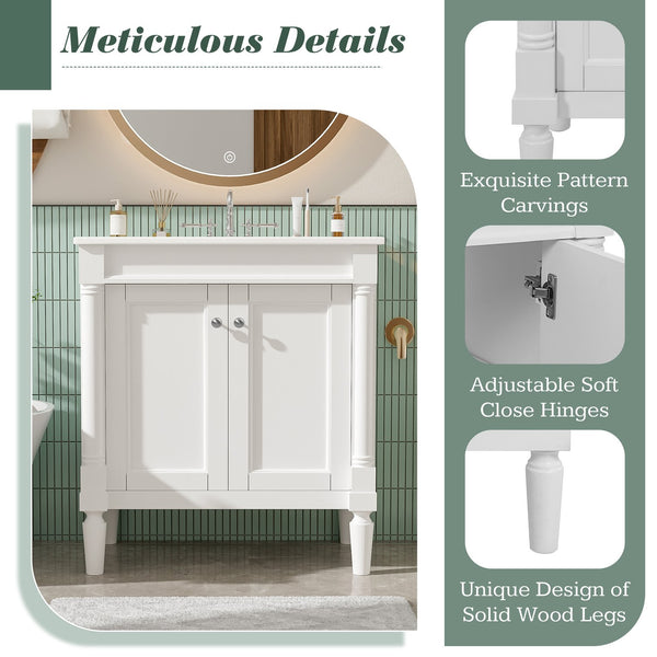English Elm 30" French Style Bathroom Vanity with Ceramic Basin Soft Close Doors Wood Legs White N710P415327K