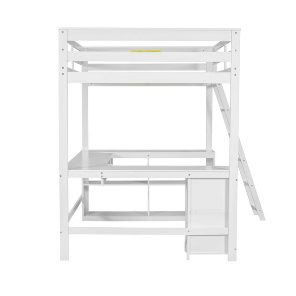 English Elm Full Loft Bed with U-Shaped Workstation, Built-In Drawers, Shelves & Cabinet for Space Saving White GX001039AAK