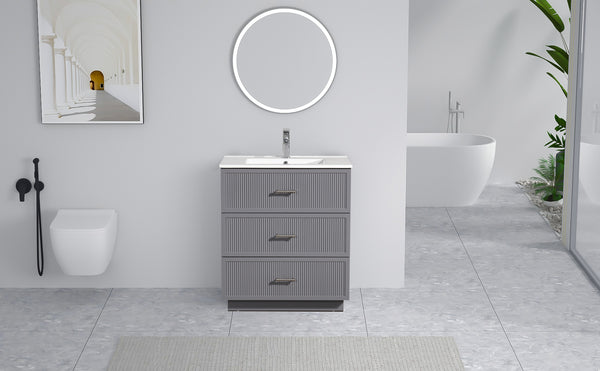 English Elm 30 Inch Bathroom Vanity With Ceramic Sink Combo - Modern Gray Freestanding Storage Cabinet Set W1550S00046