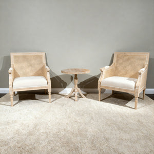 English Elm French Accent Chair Beige Upholstered Rattan Back Armchair — Vintage Solid Wood Reading Seat for Homes W3426P394275