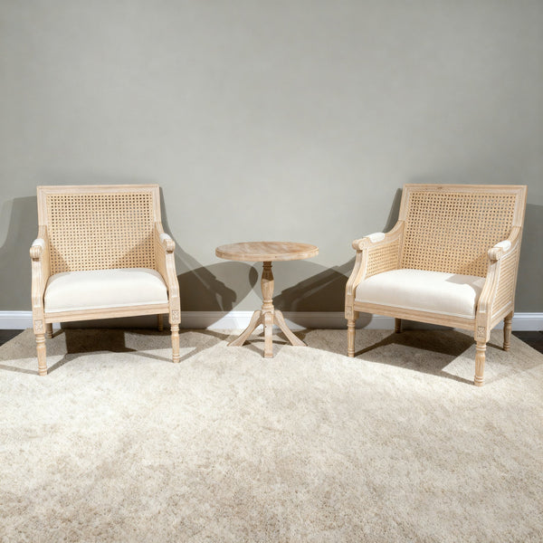 English Elm French Accent Chair Beige Upholstered Rattan Back Armchair — Vintage Solid Wood Reading Seat for Homes W3426P394275