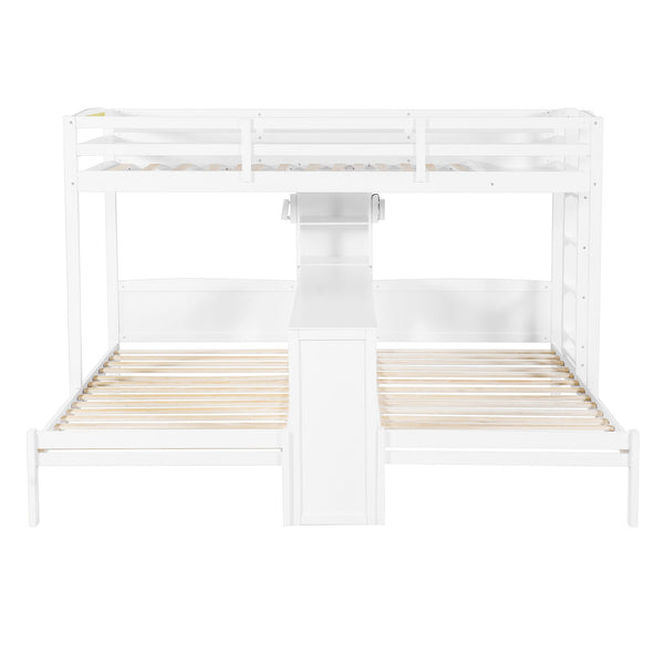 English Elm Twin Triple Bunk Bed with Built in Desk Open Shelving and Led Task Lighting White N7090002243K