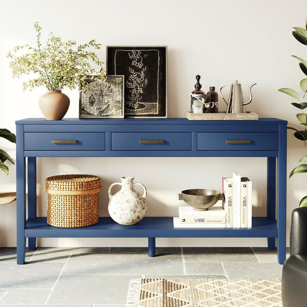 English Elm U_style Farmhouse Console Table with Three Drawers Open Shelf Entryway Organizer Navy Blue N711P410445V