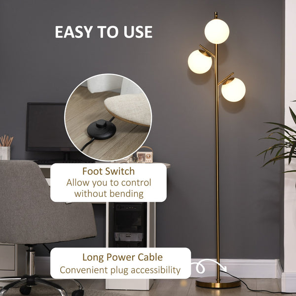English Elm HOMCOM Gold 3-Light Modern Tree Floor Lamp with Globe Shades, Steel Base, Foot Switch, 66.5" H, E26 W2225P173948