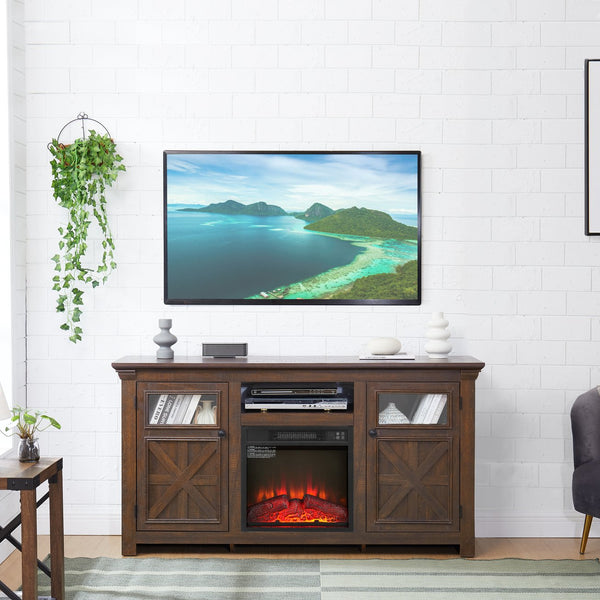 English Elm 2 Door Farmhouse Entertainment Console with Built-in Electric Fireplace Barn Style Espresso W2275S00041